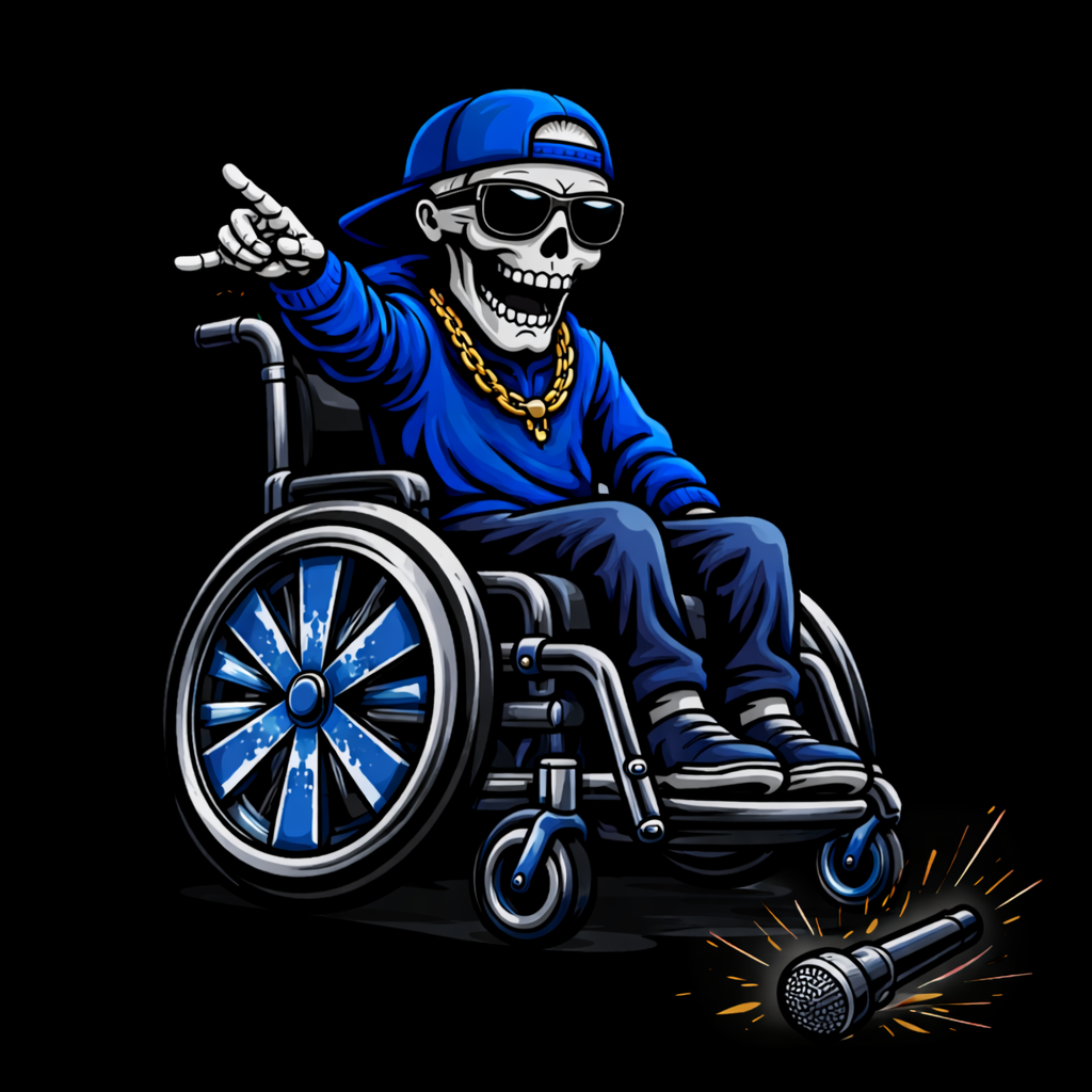 Illustration of a skull in a wheelchair wearing a blue hoodie, cap and sunglasses, pointing forward as a microphone lies on the ground, set against a black background