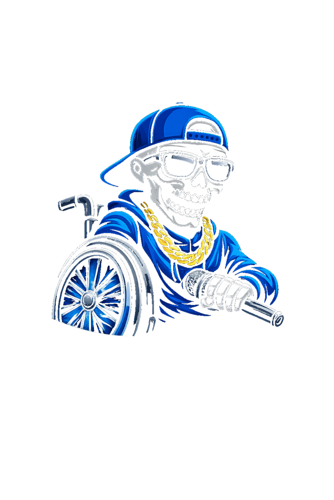 The Crip Tonight icon. Wheelchair with blue wheels with a scull sat in holding a microphone, blue hat and blue jumper with a gold chain and glasses on. 